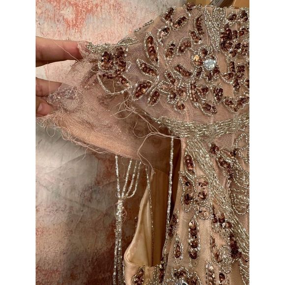 Mac Duggal Embellished Fringe Cap Sleeve Trumpet Gown In Platinum - Picture 6 of 10